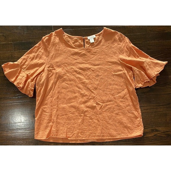 Cynthia Rowley Linen Blouse Women's Size 1X Flutter Bell Sleeve Scoop Neck - Picture 3 of 7